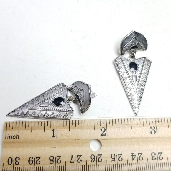 Vintage Silver Tone and Black Enamel Triangle Dangle Stud Earrings, Bold Design - Picture 4 of 6